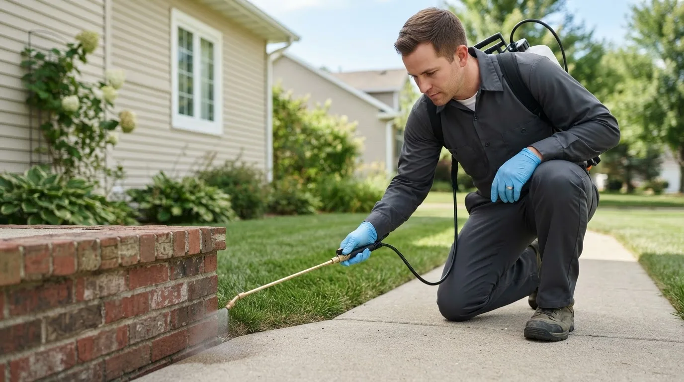 Pest control technician treating a home near Fontanelle, IA