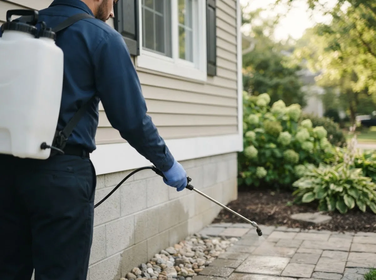 Pest control technician inspecting a home in Fontanelle, IA